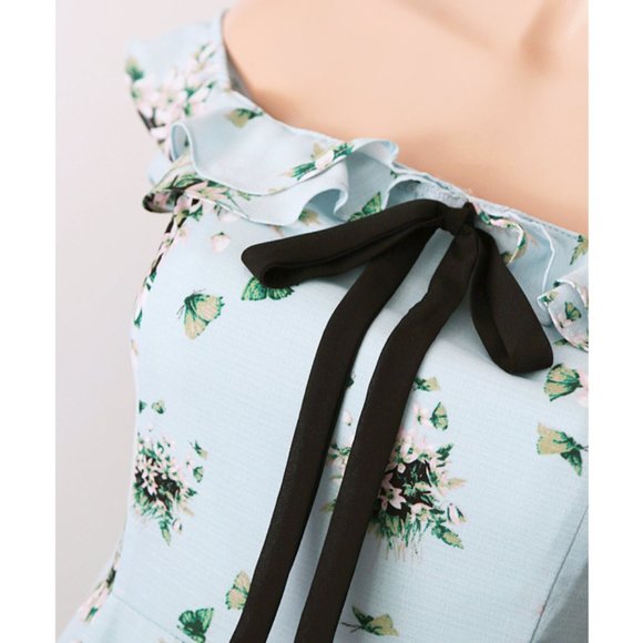 Light Blue Floral Ruffle Off Shoulder Bow Dress - Picture 5 of 9